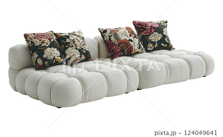 Elegant offwhite modular sofa with plush, buttontufted cushions and floral throw pillows.  Perfect for modern living room or stylish home decor projects. 124049641