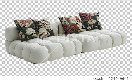 Elegant offwhite modular sofa with plush, buttontufted cushions and floral throw pillows.  Perfect for modern living room or stylish home decor projects. 124049641