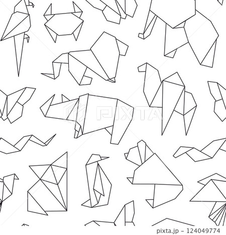 Line animal seamless pattern. Origami style, japanese art elements. Outline animals, fabric wallpaper wrapping print design. Racy vector background Line animal seamless pattern. Origami style, japanese art elements. Outline animals, fabric wallpaper wrapping print design. Racy vector background 124049774
