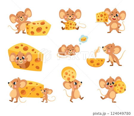 Mouse and cheese. Mice with different slices and pieces of cheese. Cartoon funny rodents with food, smelling and eating. Animals classy vector clipart 124049780