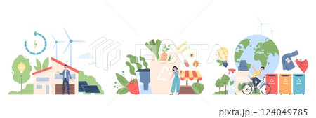Eco daily habits flat concept. Eat organic farm food and drink clean water, economy energy, using recycled items. Healthy lifestyle recent vector scenes 124049785