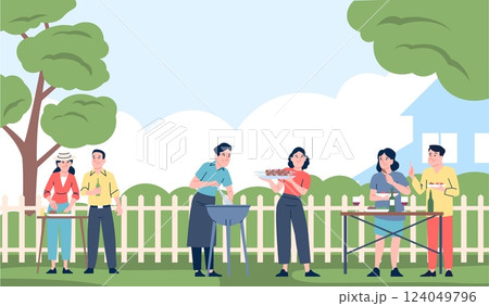 Friends on bbq. Happy couples cooking and eating barbeque, drinking wine. Outdoor seasonal party with food, family freetime on backyard, recent vector scene 124049796