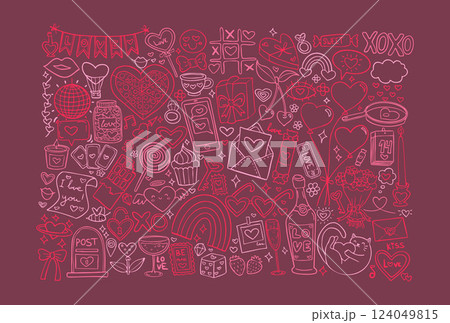 Romantic doodle with hearts, gifts, love letters, cupcakes, and rings. A detailed Valentines Day pattern featuring pink and red hand-drawn elements full of affection and charm 124049815