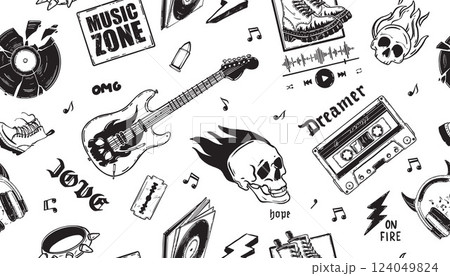 Music grunge seamless pattern, vector rock love endless texture, hand drawn doodle album cover print 124049824