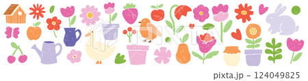 Spring abstract shape set, vector hand drawn summer garden object, colorful pencil flower texture. Spring abstract shape set, vector hand drawn summer garden object, colorful pencil flower texture. 124049825