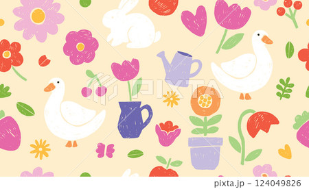 Spring abstract seamless pattern, vector summer flowers texture naive childish easter repeat banner 124049826