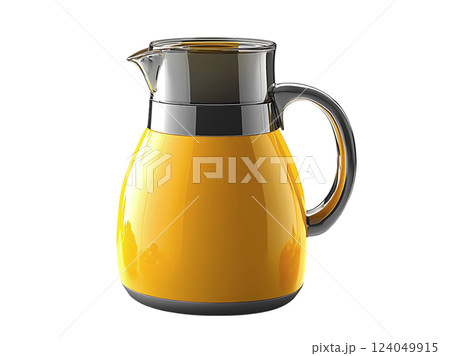 Vibrant yellow juice pitcher, filled with refreshing liquid, sits amidst juicy oranges and blueberries. 124049915
