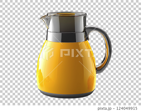 Vibrant yellow juice pitcher, filled with refreshing liquid, sits amidst juicy oranges and blueberries. 124049915