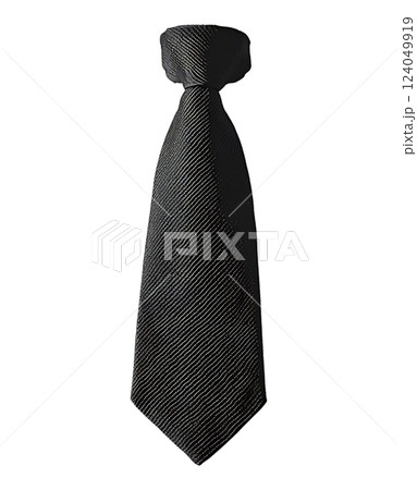 A classic black necktie, elegantly knotted, hangs against a minimalist white backdrop. 124049919