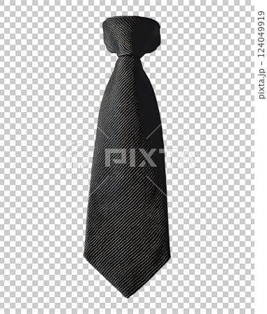 A classic black necktie, elegantly knotted, hangs against a minimalist white backdrop. 124049919
