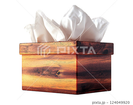 Elegant wooden tissue box with soft white tissues.  A comforting image suggesting care, homeliness, and preparedness. 124049920