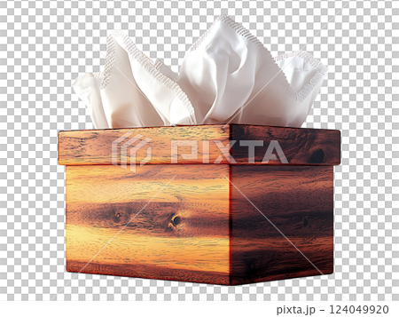 Elegant wooden tissue box with soft white tissues.  A comforting image suggesting care, homeliness, and preparedness. 124049920