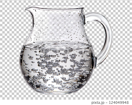 Crystalclear glass pitcher filled with sparkling water, capturing the beauty of effervescence.  Perfect for advertisements, websites, or healthrelated publications. 124049948