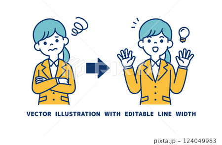 悩みを解消する方法を思いついた、若い女性会社員のベクターイラスト素材_線幅の編集可能 悩みを解消する方法を思いついた、若い女性会社員のベクターイラスト素材_線幅の編集可能 124049983