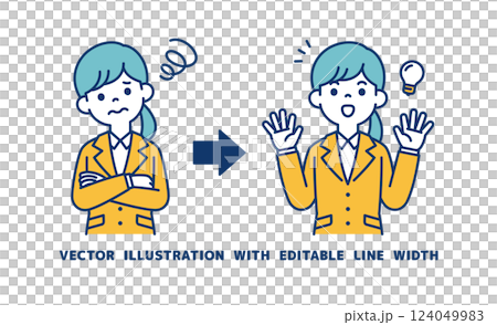 悩みを解消する方法を思いついた、若い女性会社員のベクターイラスト素材_線幅の編集可能 悩みを解消する方法を思いついた、若い女性会社員のベクターイラスト素材_線幅の編集可能 124049983