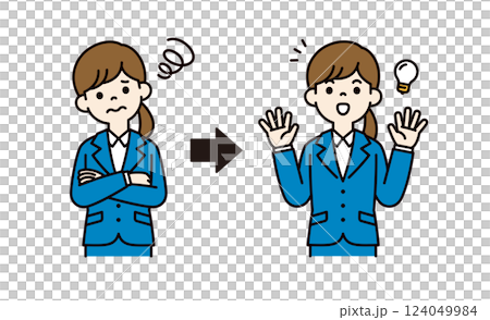 Vector illustration of a young female office worker who came up with a way to solve her problems_Line width editable_Color Vector illustration of a young female office worker who came up with a way to solve her problems_Line width editable_Color 124049984