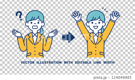Vector illustration of a young female office worker who solved her problem_Line width can be edited 124049985
