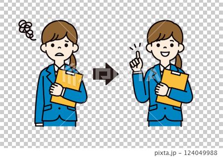 一位年輕女職員的向量插圖,表情既困惑又充滿靈感_線寬可編輯_顏色 一位年輕女職員的向量插圖,表情既困惑又充滿靈感_線寬可編輯_顏色 124049988