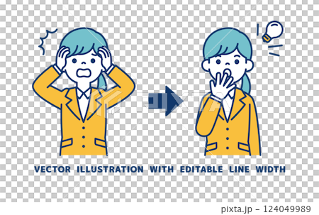 失敗の解決方法を思いついた、若い女性会社員のベクターイラスト素材_線幅の編集可能 失敗の解決方法を思いついた、若い女性会社員のベクターイラスト素材_線幅の編集可能 124049989