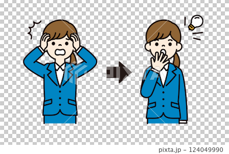 Vector illustration of a young female office worker who came up with a solution to a failure_Line width editable_Color Vector illustration of a young female office worker who came up with a solution to a failure_Line width editable_Color 124049990