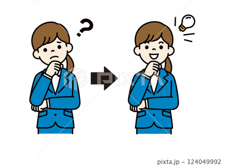 困った表情とひらめいた表情の、若い女性会社員のベクターイラスト素材_線幅の編集可能_カラー 困った表情とひらめいた表情の、若い女性会社員のベクターイラスト素材_線幅の編集可能_カラー 124049992
