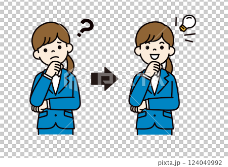 困った表情とひらめいた表情の、若い女性会社員のベクターイラスト素材_線幅の編集可能_カラー 困った表情とひらめいた表情の、若い女性会社員のベクターイラスト素材_線幅の編集可能_カラー 124049992