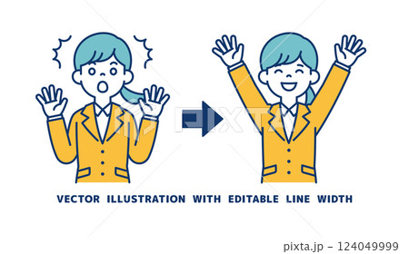 驚いた表情と大喜びする表情の、就活中の女性のベクターイラスト素材＿線幅の編集可能 124049999