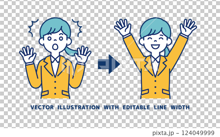 驚いた表情と大喜びする表情の、就活中の女性のベクターイラスト素材＿線幅の編集可能 124049999