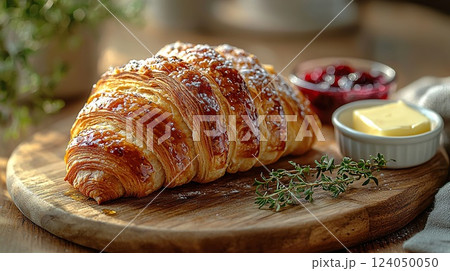 Freshly baked croissant with butter and jam on a wooden board in a cozy kitchen setting 124050050