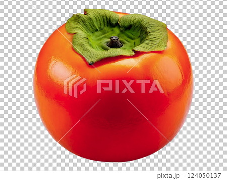 Vibrant, ripe persimmon fruit isolated on white.  Perfect for food blogs, recipes, health  wellness websites, or packaging design.  High-resolution image showcasing its rich color and texture. 124050137