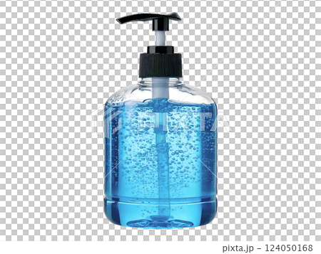 Clean, vibrant blue liquid soap bottle with pump dispenser.  Perfect for hygiene, healthcare, and wellness websites, or product packaging designs. Crystal-clear bottle showcases the product's texture. 124050168