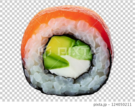 Close-up of a vibrant sushi roll, showcasing salmon, avocado, and cream cheese filling.  Perfect for menus, culinary websites, or food blogs.  High-resolution image ideal for print and digital use. 124050211