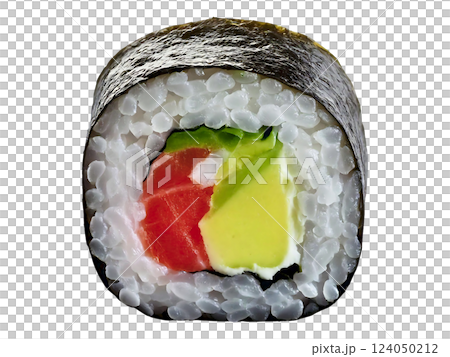 Close-up of a vibrant sushi roll featuring salmon, avocado, and cream cheese, expertly wrapped in seaweed.  A perfect image for menus, food blogs, or culinary websites. 124050212