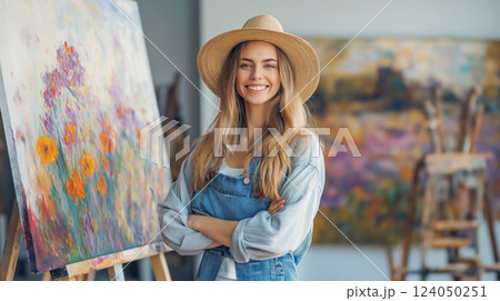 Young artist smiling in a studio featuring floral paintings surrounded by easels and art supplies 124050251