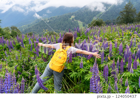 young woman with yellow backpack enjoying field of blooming purple lupine flowers in mountains, with misty peaks and lush greenery in background, The picturesque landscape of mountains , eco-tourism 124050437