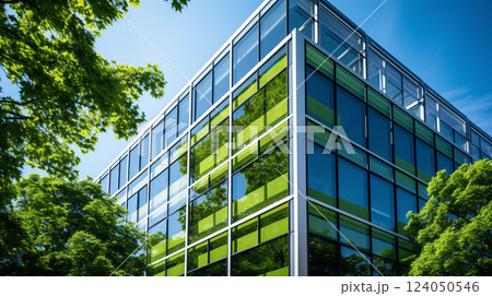 Sustainable green building. Eco-friendly building. Sustainable glass office building with tree for reducing carbon dioxide. Office with green environment. Corporate building reduce CO2. Safety glass. 124050546