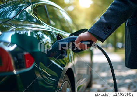 A man is plugging in electric car into a charging station. Charge EV battery at charging point. Sustainable energy. Electric vehicle infrastructure for green transportation. Zero-emission mobility. 124050608