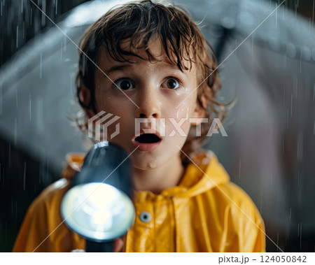 A child feeling afraid during a thunderstorm, with a flashlight in hand and wide-eyed expression, illustrating the common childhood fear of storms 124050842
