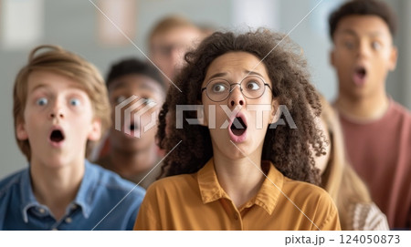 A group of students looking shocked, mouths agape, after hearing unexpected news, illustrating surprise, with a classroom setting and a whiteboard showing a sudden announcement 124050873