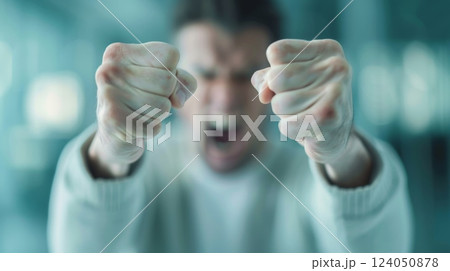 A person clenching their fists in anger, feeling intense rage, with a chaotic room setting and a sense of aggression and hostility 124050878