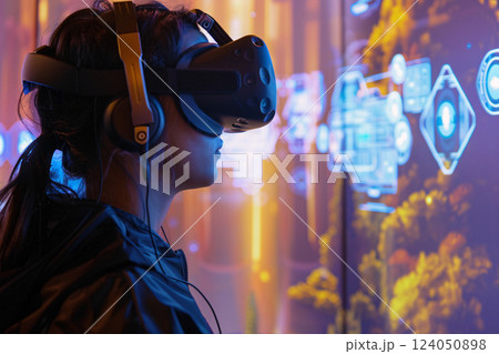 Immersive VR experience. Close-up of a person enveloped in virtual reality, with AR icons adding layers to the digital world. AR icons float around a person in VR. Augmented and virtual experiences. Immersive VR experience. Close-up of a person enveloped in virtual reality, with AR icons adding layers to the digital world. AR icons float around a person in VR. Augmented and virtual experiences. 124050898