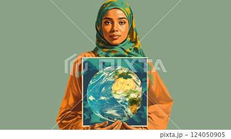 Illustration of a determined Muslim climate change activist, hijab-clad, holding an impactful environmental poster. Muslim woman in hijab leading climate awareness campaign. Sustainable practices. 124050905