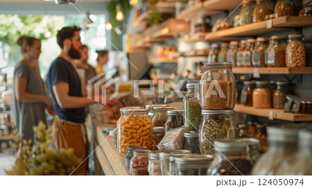 A scene of people at a zero-waste store featuring bulk goods and reusable containers Highlight the move towards reducing plastic waste and supporting eco-friendly shopping 124050974