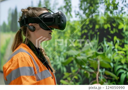 Eco-conscious workforce training session using virtual reality to simulate environmental impacts, employees experience to understand importance of sustainability in their daily work practices. 124050990