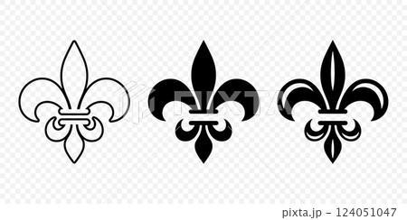 Vector Vintage White and Black Fleur De Lis Icon Set Isolated. Heraldic Lily, Retro Design Element. Vector Illustration 124051047