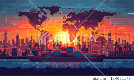 Trade war impact concept. Global trade and war concept with cargo ship at sunset port Trade war impact concept. Global trade and war concept with cargo ship at sunset port 124051178