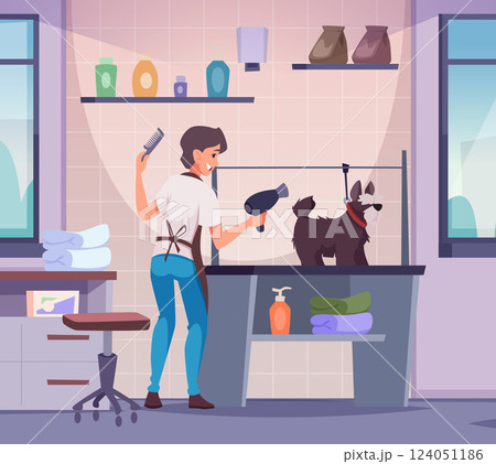 Dog care. grooming services for pets professional hairdresser working with pets. vector background 124051186