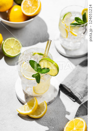 Two glasses of mojito cocktail with fresh lemon, lime, mint and ice on a light background  124051214