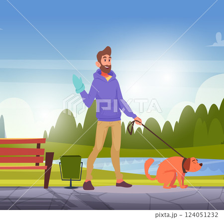 Cleaning dog poop. happy dogs owner walking on park with dog 124051232