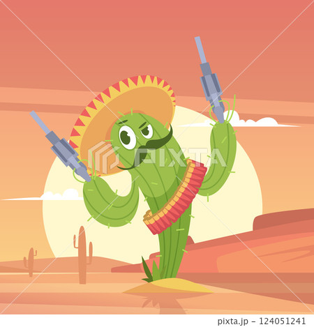 Cactus. western wild west cartoon background with funny mascot cactus 124051241